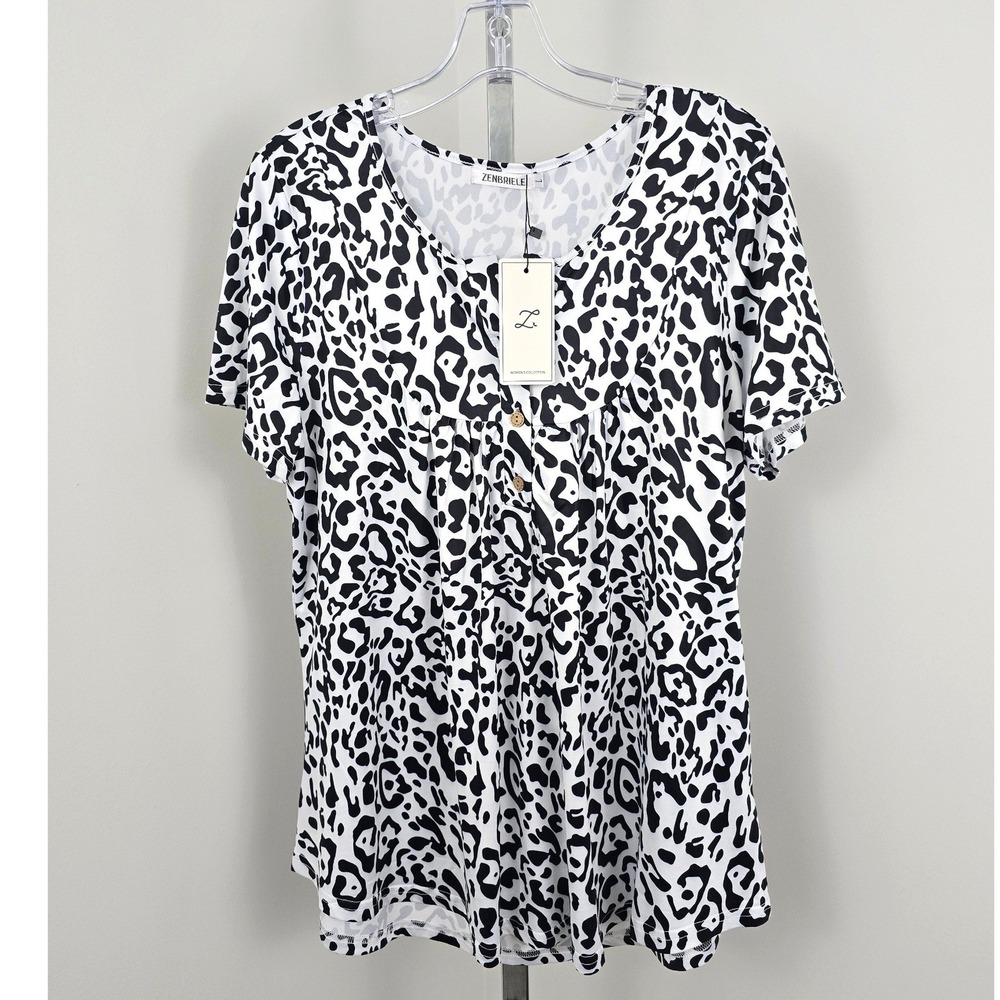 Zenbriele Print Round Neck Short Sleeve Top‎ Black White L